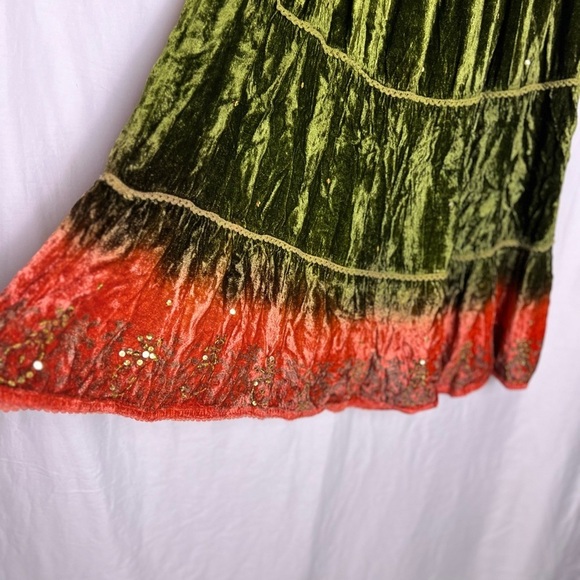 Dimri | Boho Green Pink Velvet Lace Sequin Tiered Midi Skirt, Small - Picture 4 of 7